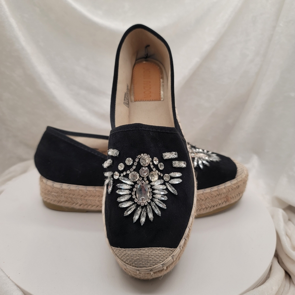 Jenn Ardor Fabulous Black and Clear Crystals on The Vamp Espedrilles Size 8.5